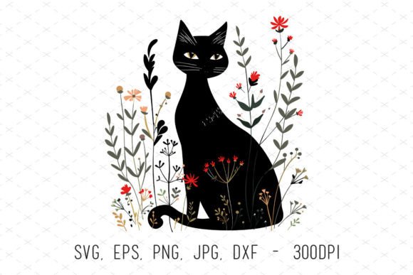 Cute Black Cat Floral Vector Clipart