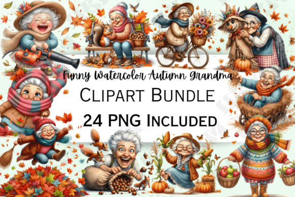 Funny Watercolor Autumn Grandma Clipart