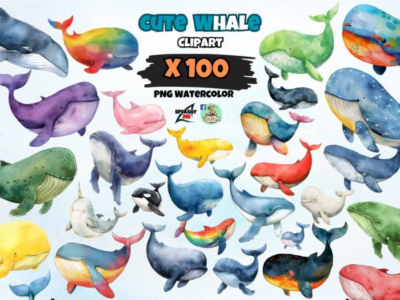 Watercolor Cute Whale Clipart PNG Bundle