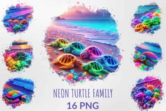 Watercolor Neon Turtle Family Clipart