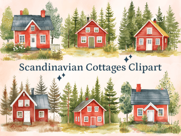 Watercolor Scandinavian Cottages Clipart: Bringing Nordic Charm to Your Creative Projects